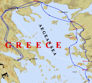 Map of the Aegean Sea area visited by the apostles in Acts 20.
