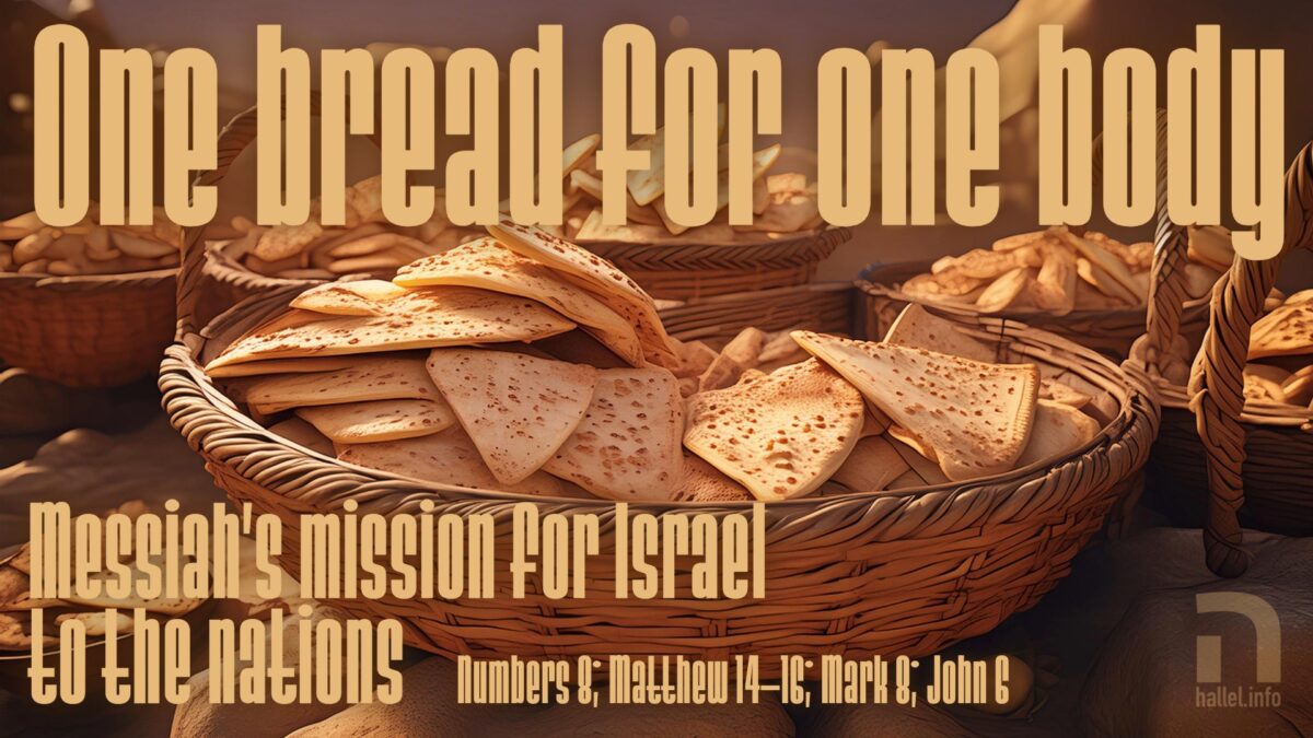 One bread for one body: Messiah's mission for Israel to the nations (Numbers 8; Matthew 14-16; Mark 8; John 6). Adobe AI image shows baskets full of pieces of flatbread.