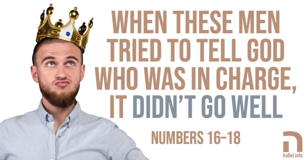 When these men tried to tell God who was in charge, it didn't go well (Numbers 16-18). Bearded man in a blue dress shirt wears a crown and looks up to the right quizzically.