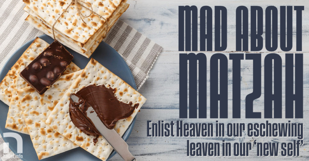 "Mad about matzah: Enlist Heaven in our eschewing leaven in our 'new self.'" A plate is stacked with squares of matzah bread. A knife rests on one piece with chocolate sauce spread partially on it. A small piece of chocolate with nuts sits on top of the piece of matzah.