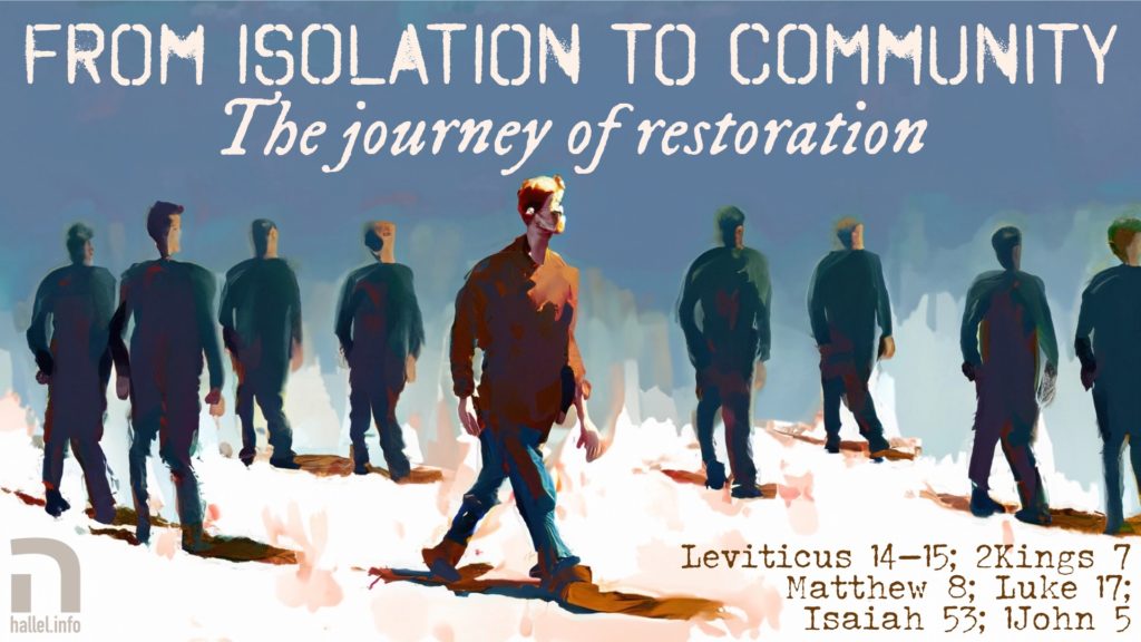 Isolation to community: The journey of restoration (Leviticus 14-15; 2Kings 7; Matthew 8; Luke 17; Isaiah 53; 1John 5). Adobe AI-generated watercolor of 8 men looking away while one in the middle walks closer to the viewer.