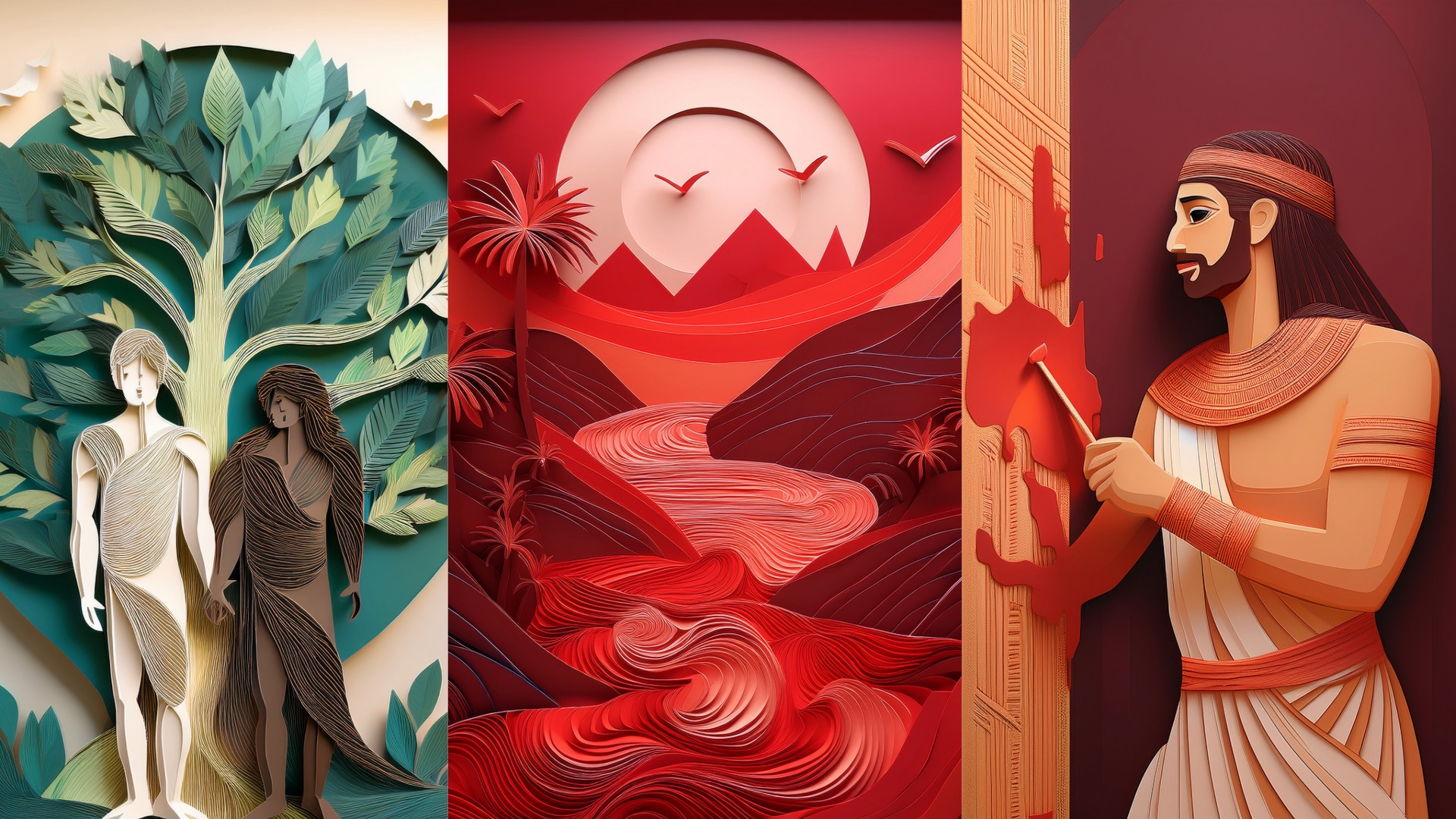 Adobe Firefly AI image: A triptych-style paper-cut artwork illustrating three biblical scenes. The left panel shows Adam and Eve standing beneath the Tree of Knowledge, surrounded by lush green foliage. The middle panel depicts a river turning red, symbolizing the first plague of Egypt, with a vivid red and orange color palette, palm trees, and distant pyramids. The right panel portrays a man in ancient Egyptian attire painting a doorpost with red paint, representing the Passover event. The artwork uses intricate layered paper-cut techniques to create depth and texture.