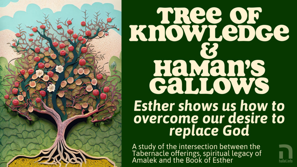 Tree of Knowledge & Haman's gallows: Esther show us how to overcome our desire to replace God. Artwork shows a fruit tree on the left side of the image.