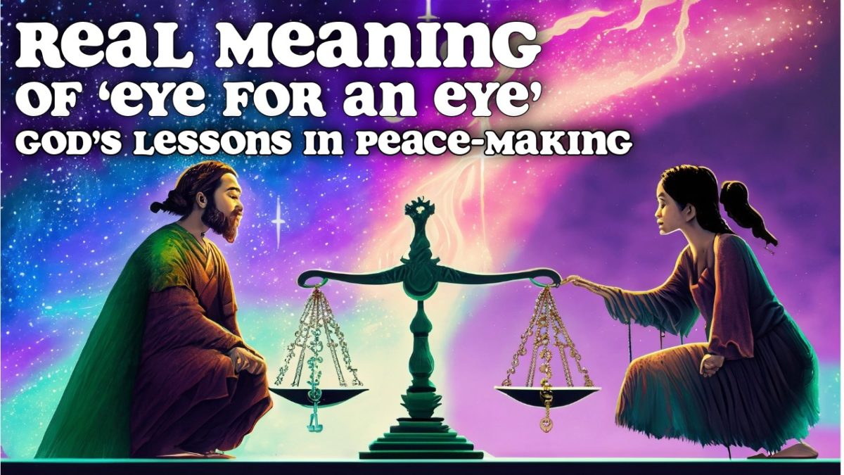 A biblical man and a woman weighing each other on the scales of justice with northern lights. The Real Meaning of "eye for an eye" God's lessons in peacemaking.