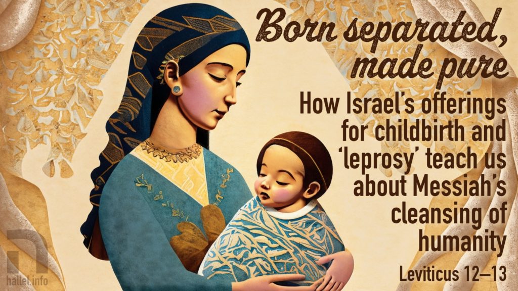 Born separated, made pure: How Israel's offerings for childbirth and leprosy' teach us about Messiah's cleansing of humanity (Leviticus 12-13). Adobe Firefly-generated artwork shows an ancient Israeli woman holding a newborn girl.