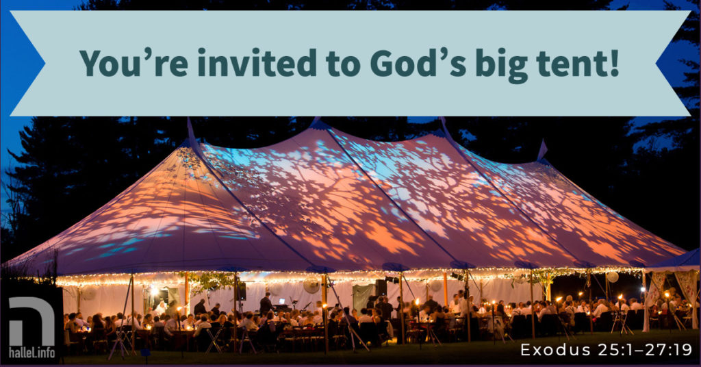 You're invited to God's big tent (Exodus 25-27). A large tent with open sides holds a dining party at night.
