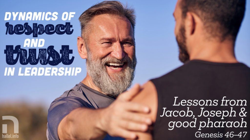 Dynamics of respect and trust in leadership: Lessons from Jacob, Joseph and good pharaoh (Genesis 46-47). A smiling bearded father puts his right hand on his bearded son's right shoulder.